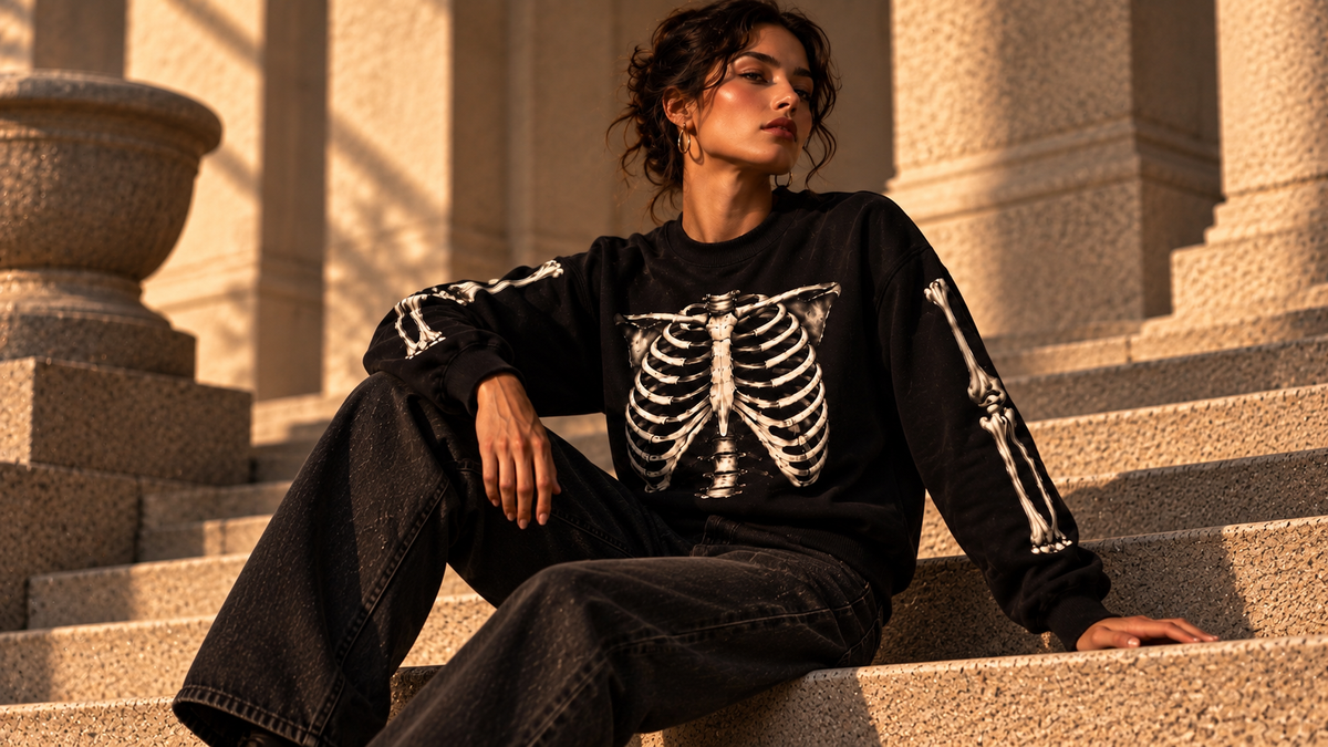 Female model wearing BARE BONES 12 oz heavyweight Anatomy Crewneck black skeleton sweatshirt