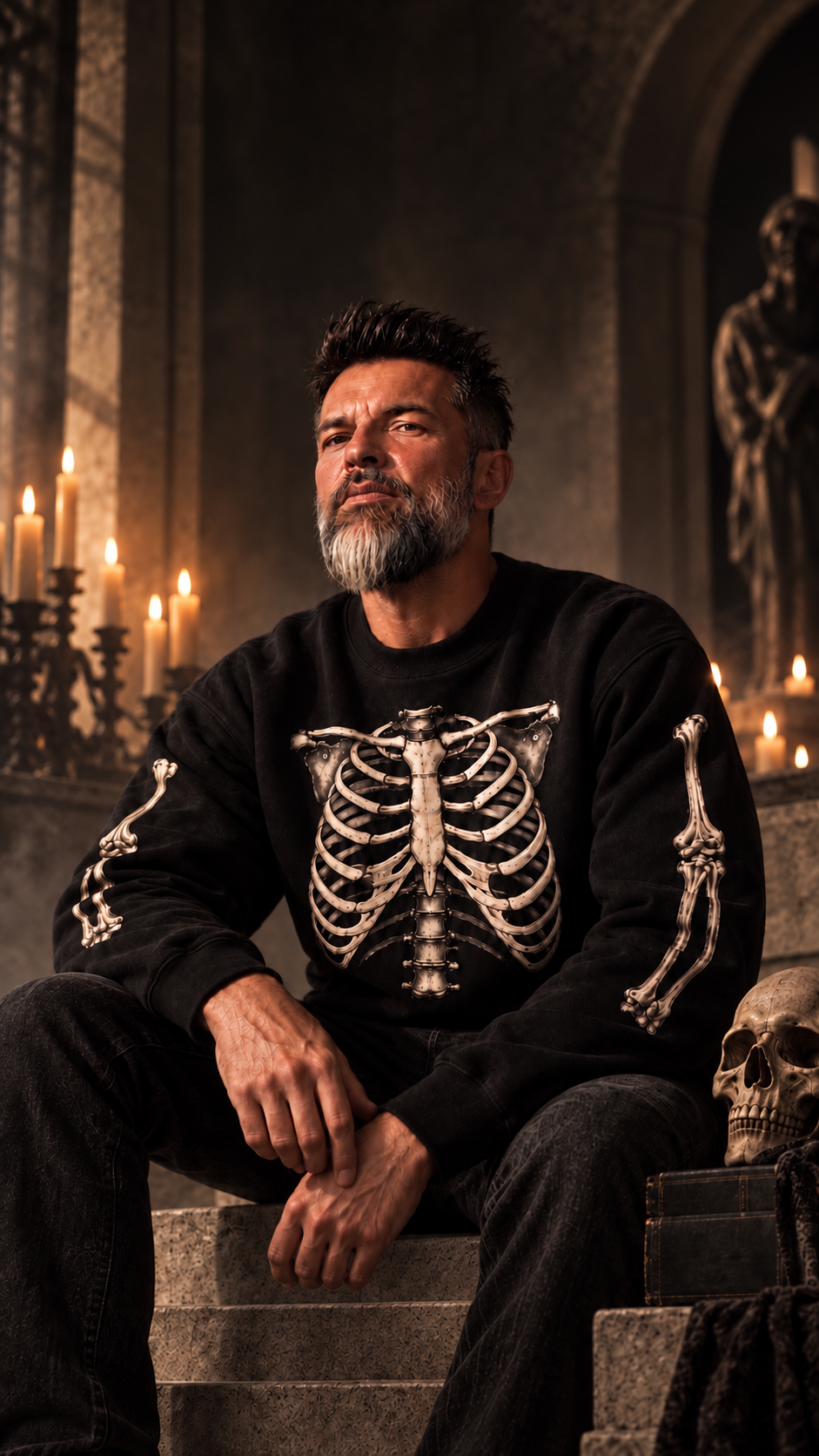 BARE BONES Anatomy Crewneck heavyweight black skeleton sweatshirt editorial portrait