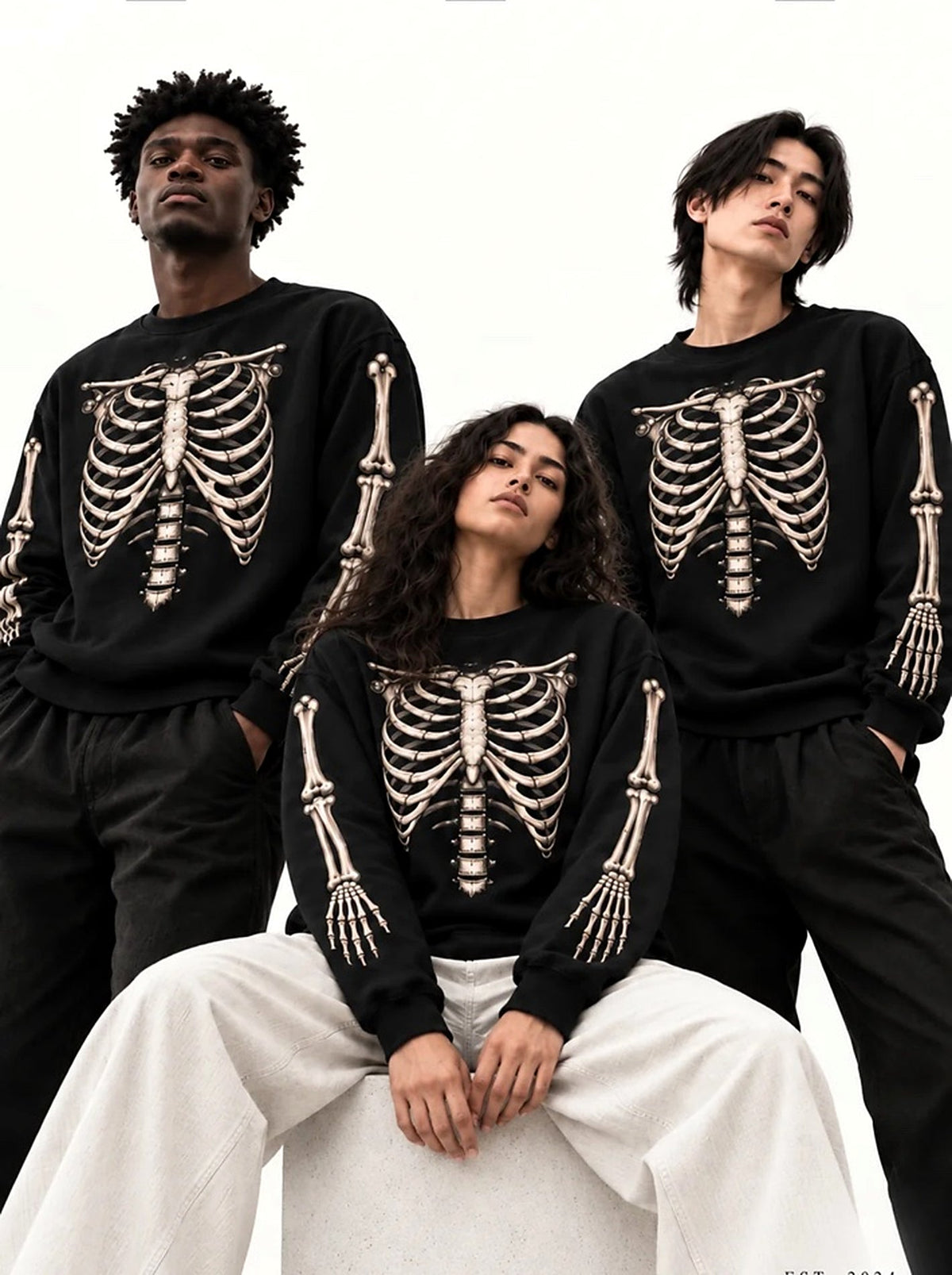 BARE BONES black graphic Anatomy Crewneck styled on three models in premium editorial streetwear