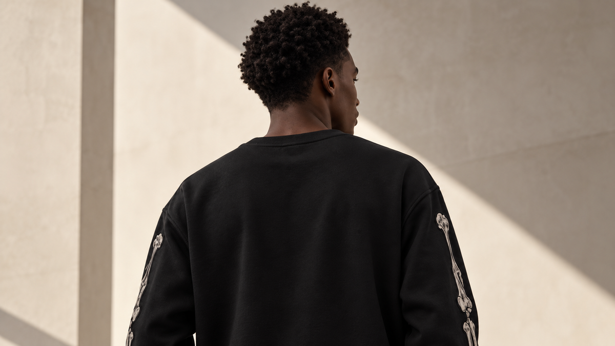 BARE BONES black skeleton crewneck back view with bone sleeve graphics editorial streetwear