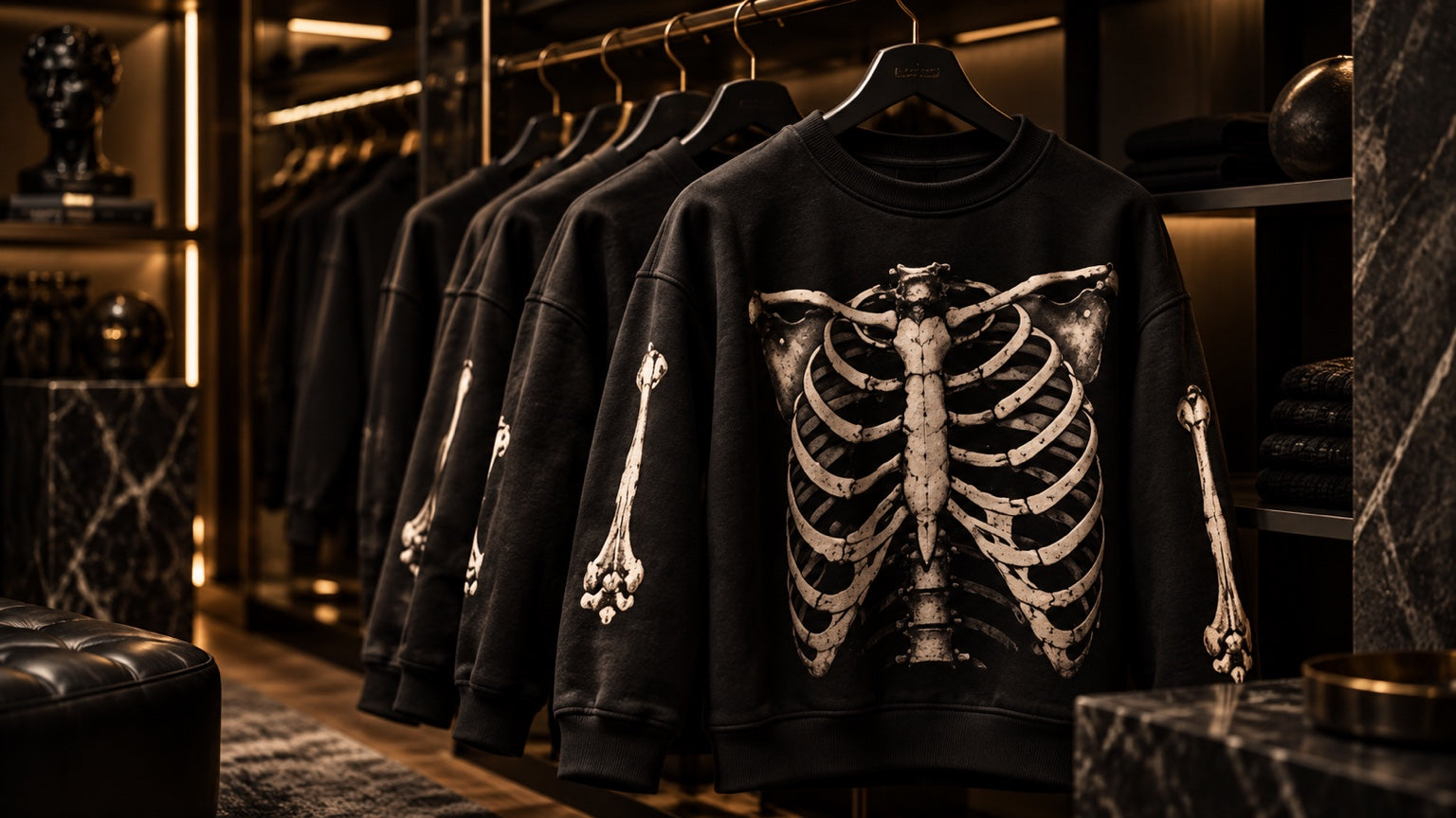 BARE BONES premium black anatomical streetwear crewneck displayed in a luxury fashion setting