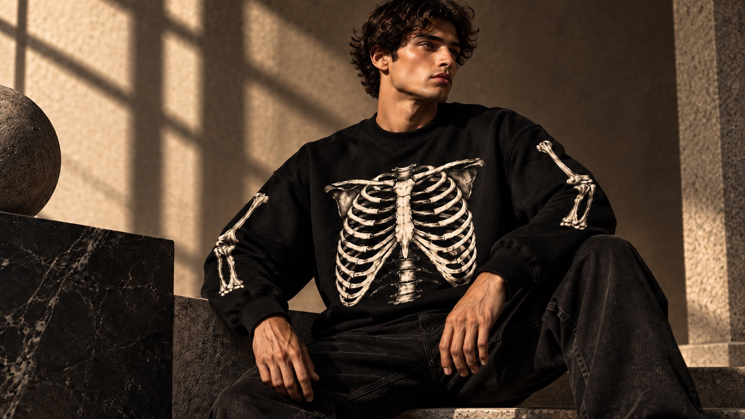 BARE BONES Anatomy Crewneck black heavyweight skeleton sweatshirt editorial streetwear