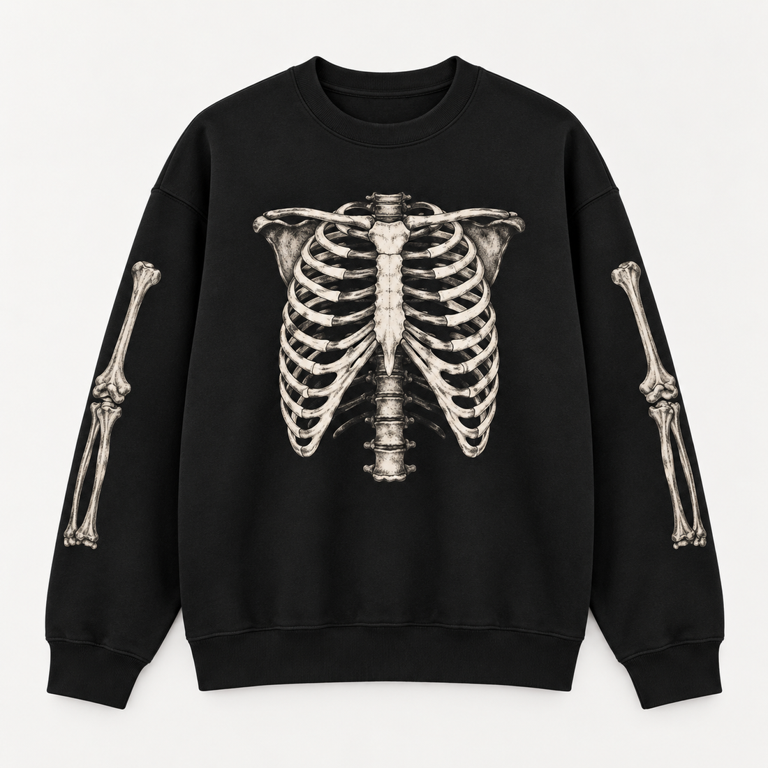 BARE BONES Anatomy Crewneck heavyweight black rib cage sweatshirt front view