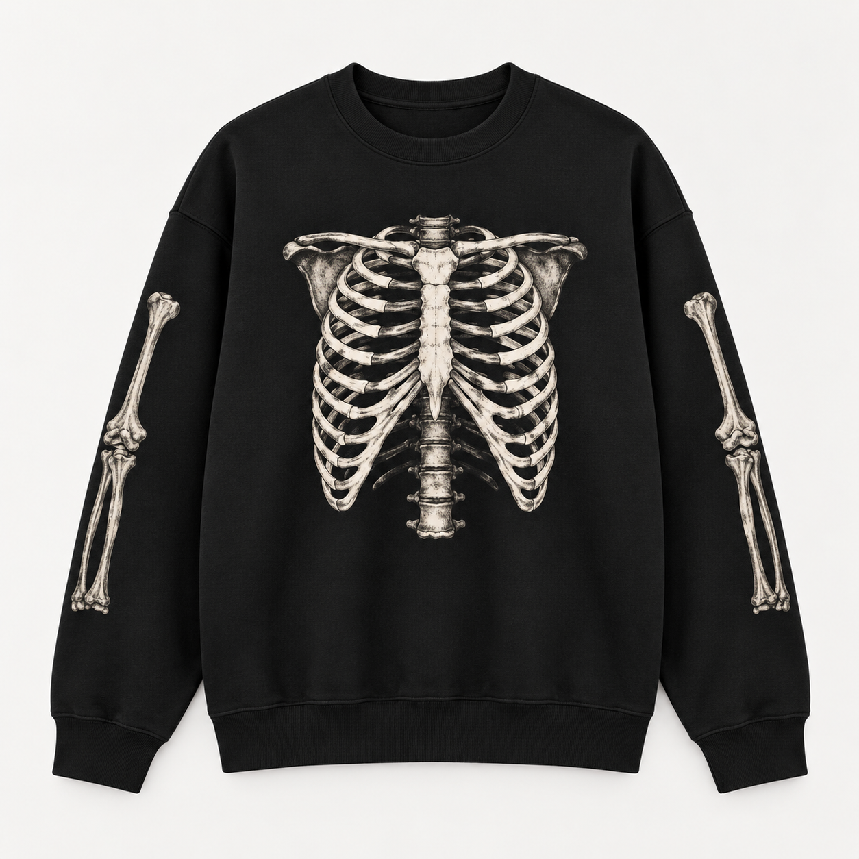 BARE BONES Anatomy Crewneck heavyweight black rib cage sweatshirt front view