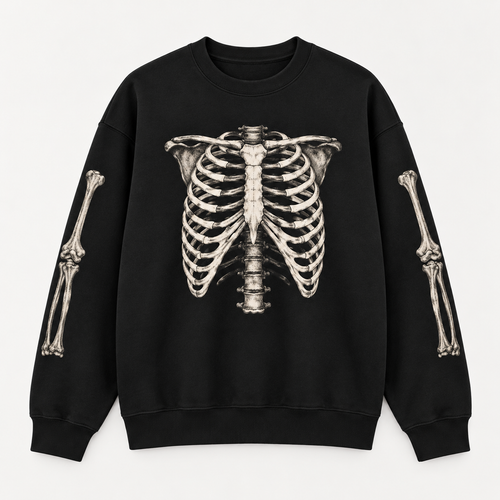 BARE BONES Anatomy Crewneck heavyweight black rib cage sweatshirt front view