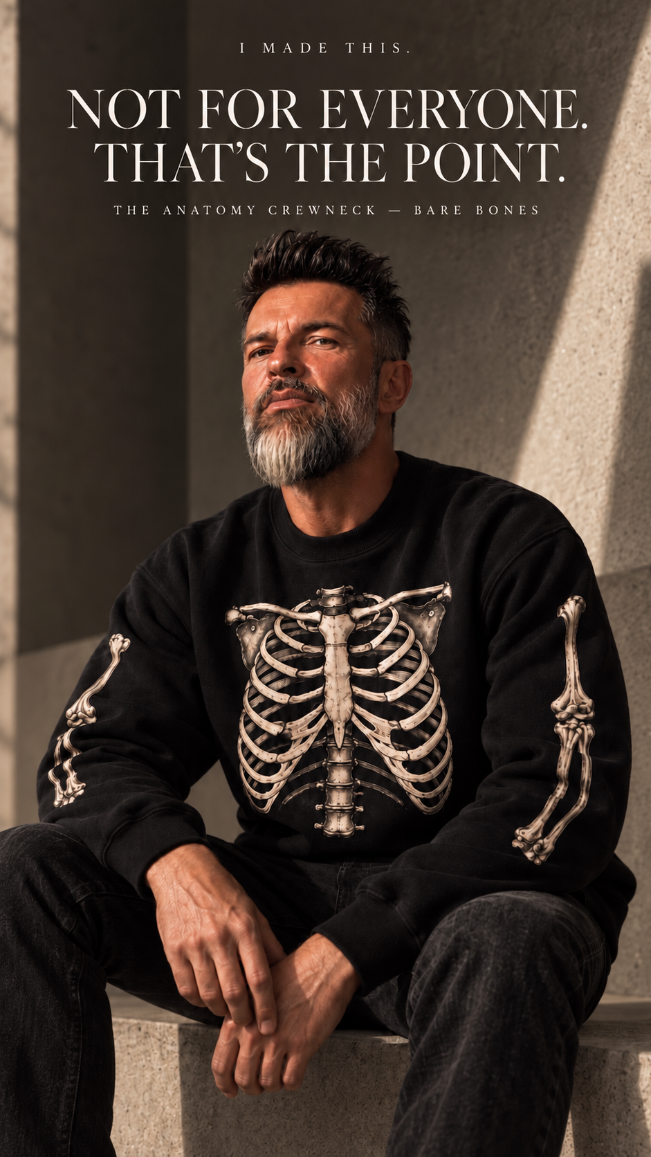 BARE BONES Anatomy Crewneck heavyweight black skeleton sweatshirt editorial hero