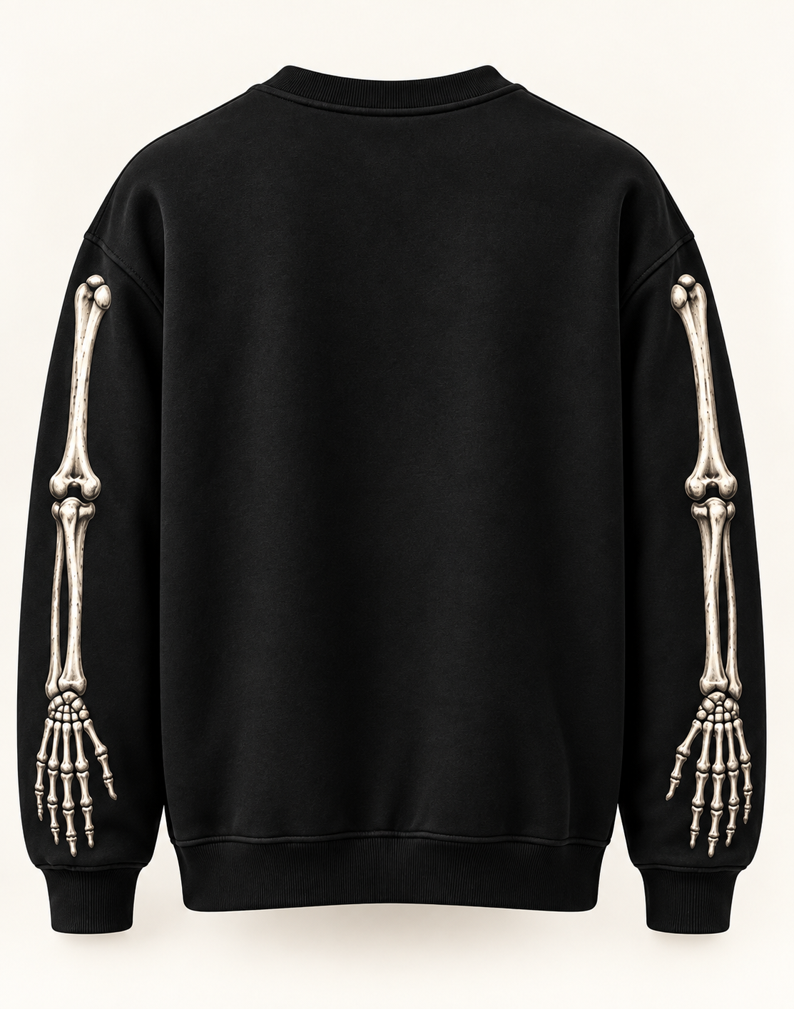 Clean black back of Anatomy Crewneck with bone graphics on both sleeves