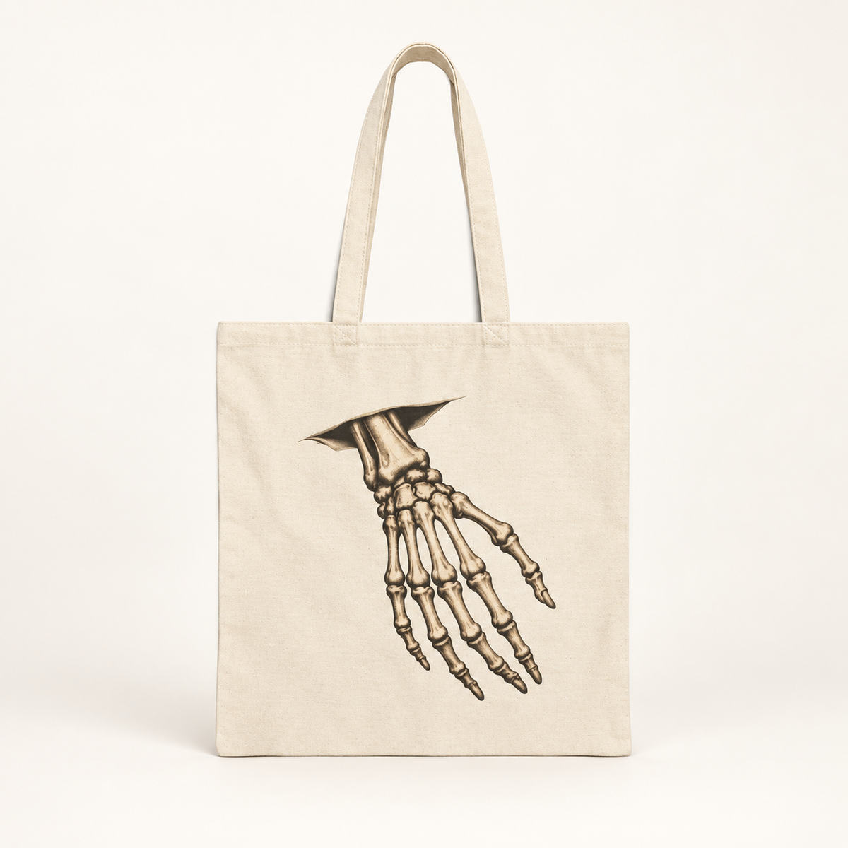 THE ANATOMY TOTE natural canvas skeleton hand bag, full studio view