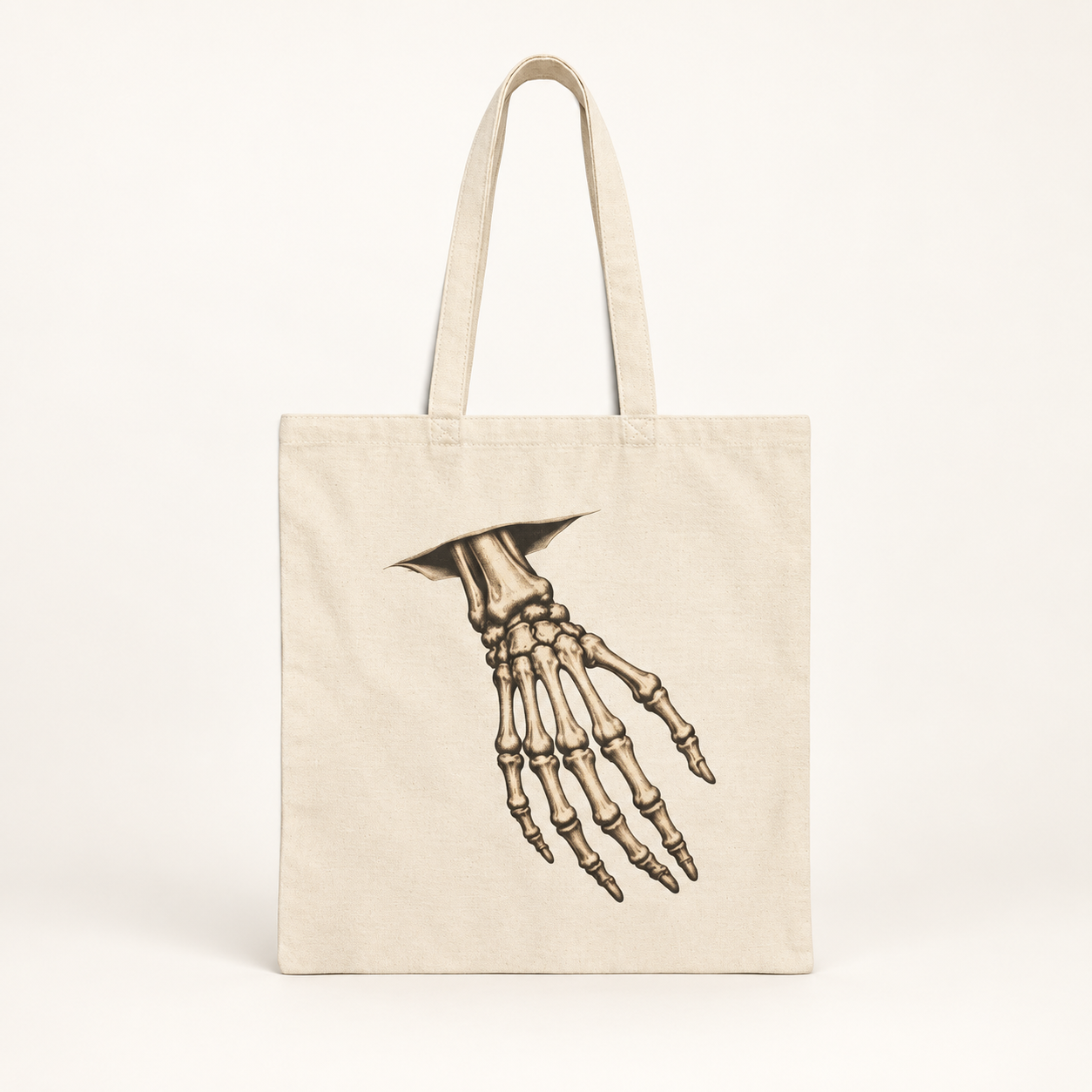 THE ANATOMY TOTE natural canvas skeleton hand bag, full studio view