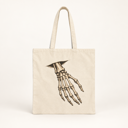 THE ANATOMY TOTE natural canvas skeleton hand bag, full studio view