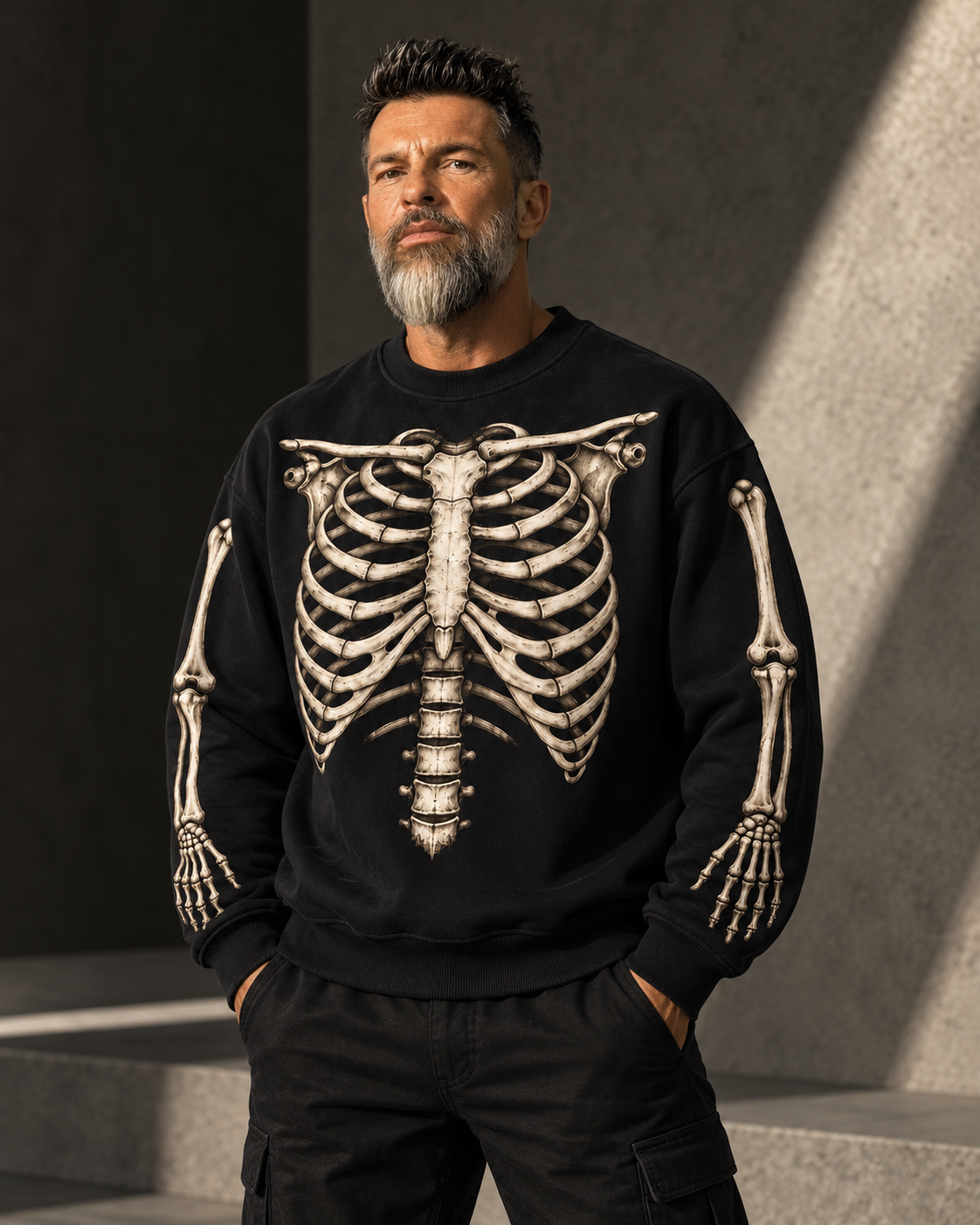 Bare Bones Anatomy Crewneck heavyweight skeleton sweatshirt worn by bearded man